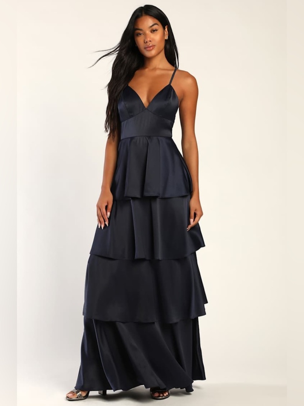 Lulus Going with Elegance Navy Blue Satin Tiered Gown Size XS